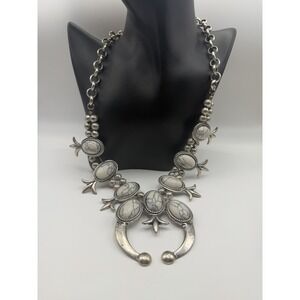 Southwestern Squash Blossom Naja Necklace White Faux Turquoise Silver Tone 22in